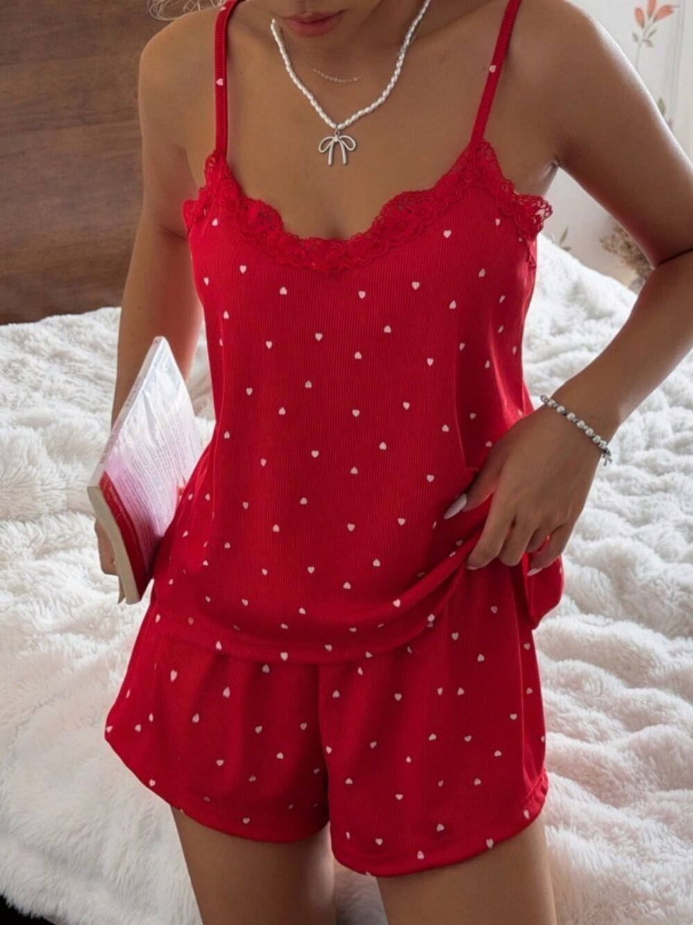 redRomantic Women's Rib Fabric cami top and shorts pajama set loungewear